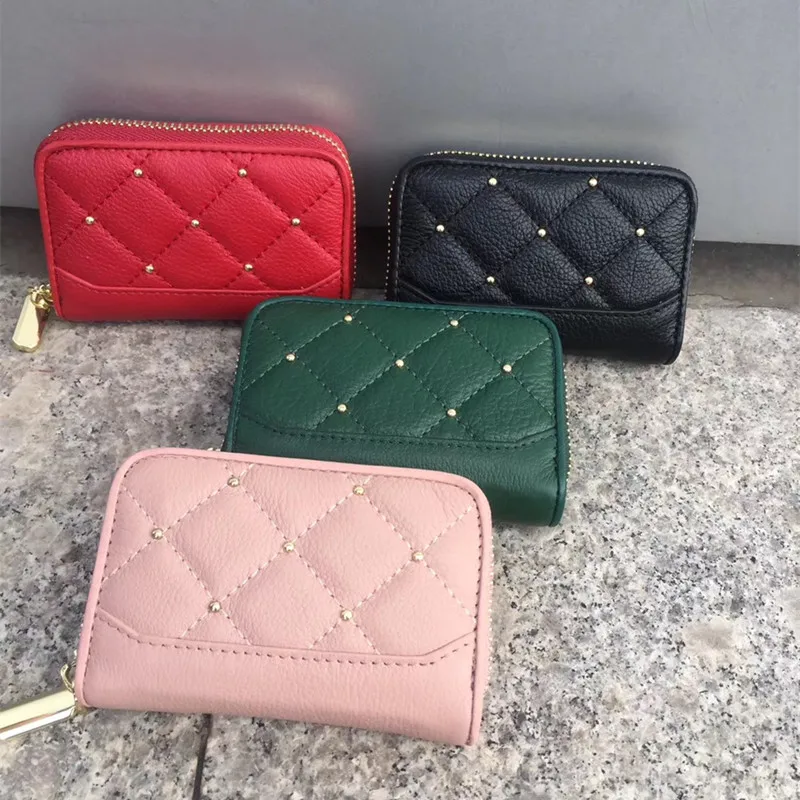 

Leather ladies short wallet rivet square card package credit card holder wallet purse