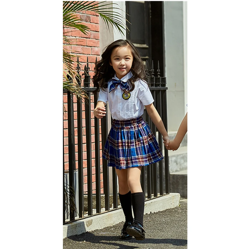 Girl Blue Set Модная школьная форма для детей ростом от 90 до 180 см в корейском японском стиле; Классная одежда; топ; клетчатая юбка; галстук; сценические костюмы для детей - Цвет: Girl Blue Set