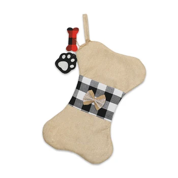 

Christmas Pet Stockings Hanging Ornament Cat Dog Plaid Bow Bone Tassels Gift Reusable Bag