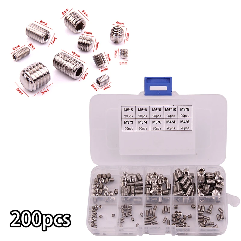

200X/Set Stainless Steel Allen Head Socket Hex Grub Screws Assortment Point Cup