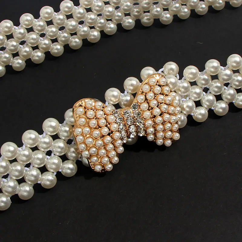 Flatfoosie Elegant Women Pearl Waist Belt Elastic Buckle Pearl Chain Belt Female Girls Dress Crystal Strap Pearl Waistband Gifts