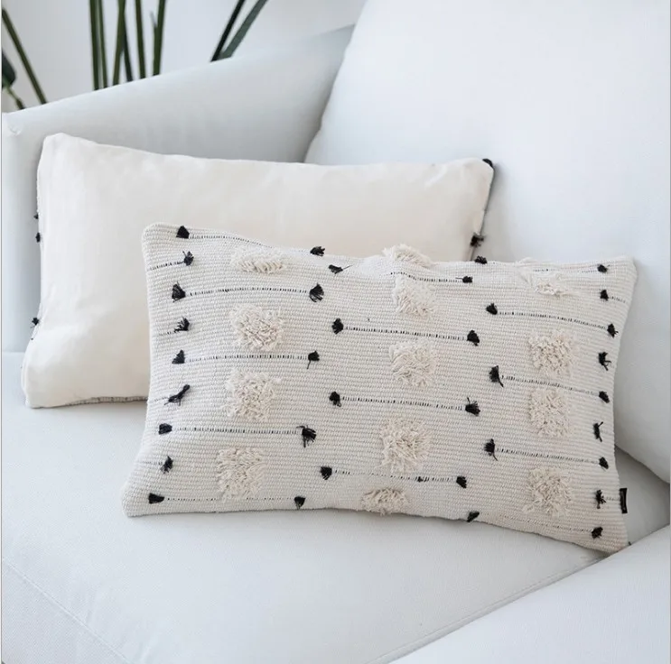 Белая черная Геометрическая хлопковая наволочка с цветами, круглая наволочка с вышивкой 45x45 см/30x50 см, украшение на диван-кровать