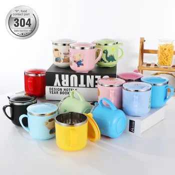 

304 Stainless Steel Children's Water Cup Cartoon Creative Cup with Lid and Handle Double-layer Heat Insulation and Anti-scalding