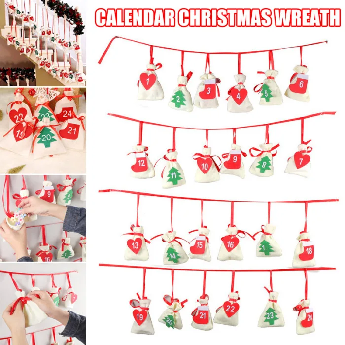 Christmas Advent Calendar 24/31 Days Hanging Garland Candy Gift DIY Calendar Bags for Holiday Christmas Decorations LAD