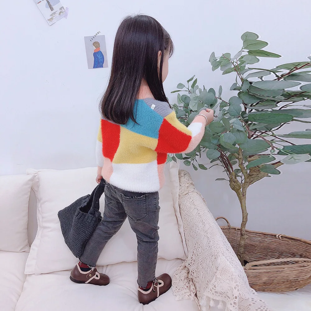 

2019 GIRL'S Sweater Autumn Clothing Korean-style Western Style Children Colored Mosaic Sweater Baby Girls Versatile Tops