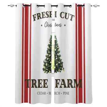 

Christmas Curtains Christmas Tree Farm Red Stripes Window Curtain Living Room Bedroom Drapes Panel Curtain for Living Room