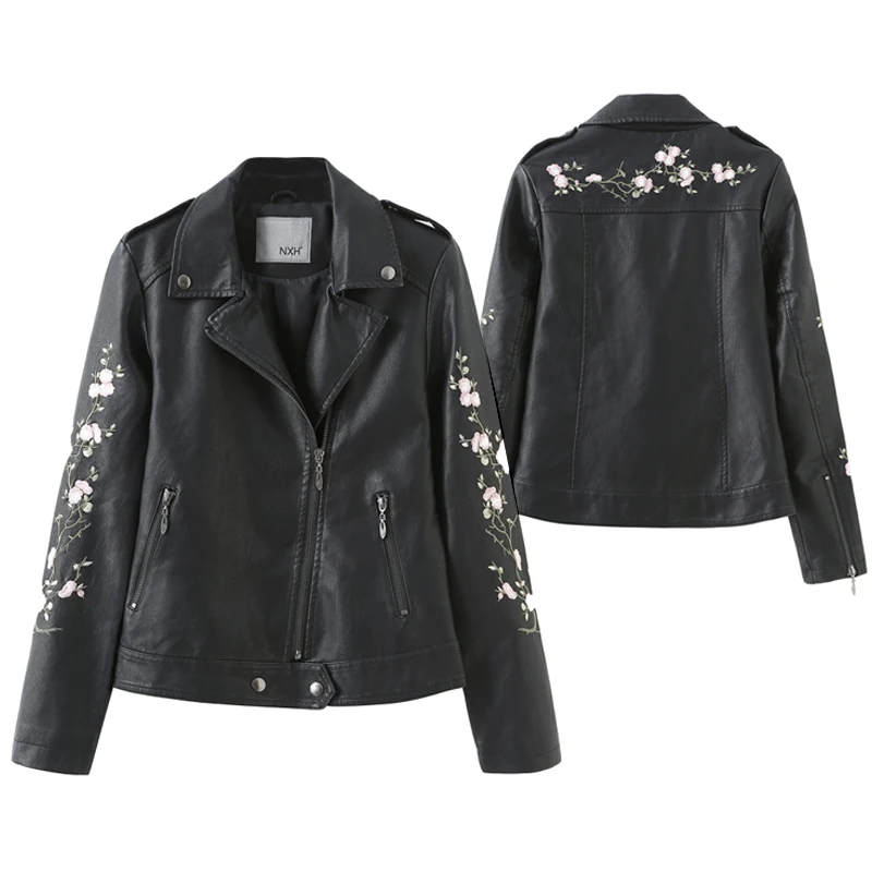 Women jacket autumn fall black Casual Motorcycle PU Leather Coat Biker Punk Lapel embroidery floral slim Short Jacket Zipper
