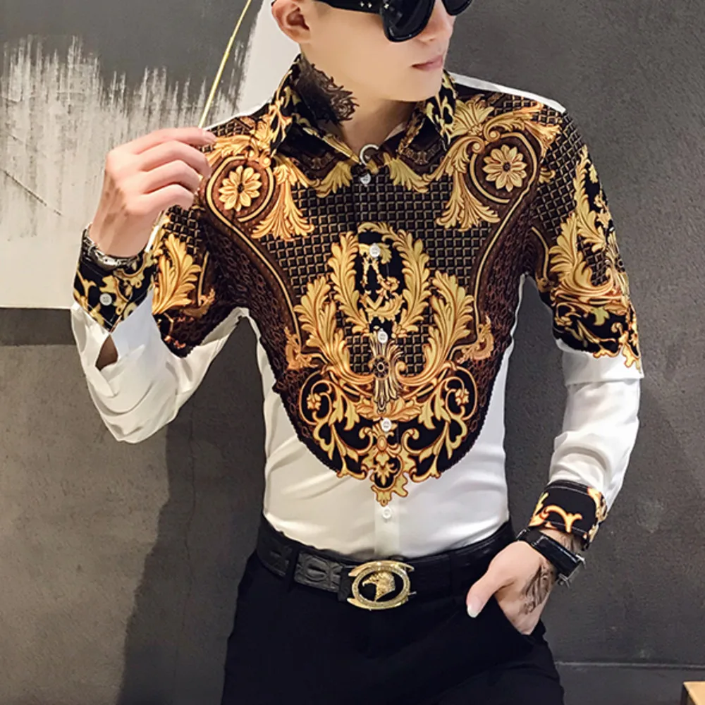 Koop Luxe Gold Print Shirt Mannen Royal Retro Lange Mouwen Party Nachtclub Smoking Shirts Casual Slim Fit Streetwear Blouse Homme