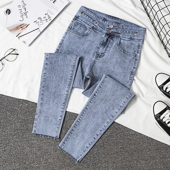 

Korean Clothes Women Jeans Stretch Black Jeans Female Skinny High Waist Ring Nine Points Feet Pants Streetwear Trousers Women