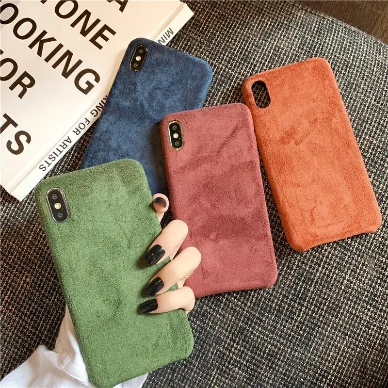 Winter Warm Plush Phone Case For iPhone 7 8 Plus 11 Pro X XR XS Max Furry Cloth Plain Soft PU Back Cover |