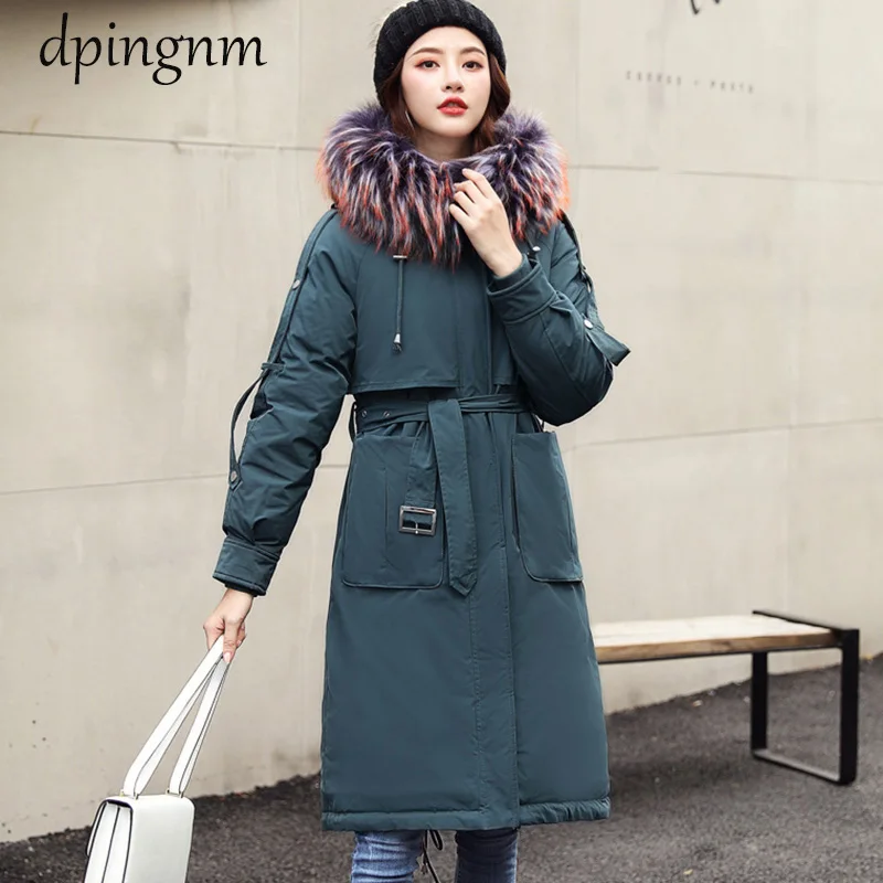 Winter Parkas 2019 new elegant embroidery letter hooded thick long women's fur collar jacket winter snow -30 degree jackets coat | Женская