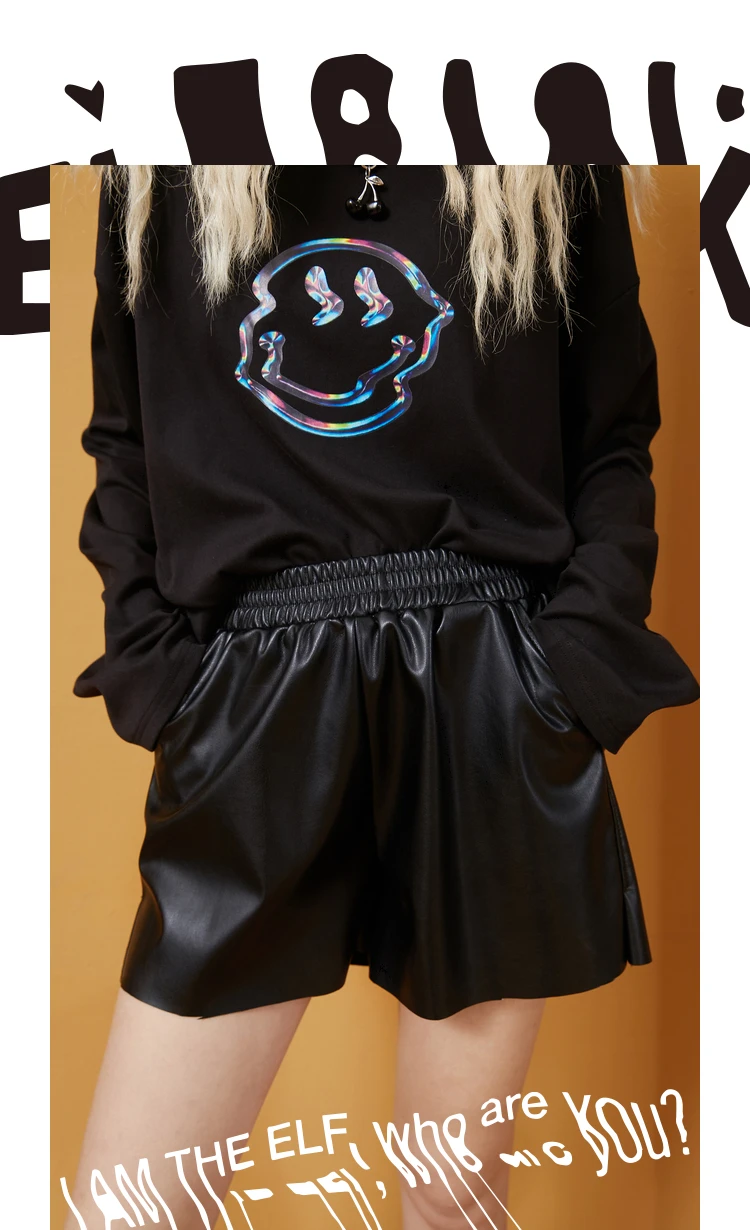 ELFSACK Solid A Line Locomotive Women Casual Leather Wide Leg Shorts,2020 Autumn ELF Pure High Waist Korean Ladies Daily Bottoms