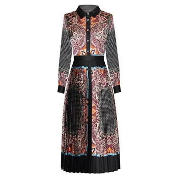 

HIGH QUALITY New Fashion 2020 Runway Dress Women's Long Sleeve Retro Floral Print Pleated Midi Dress