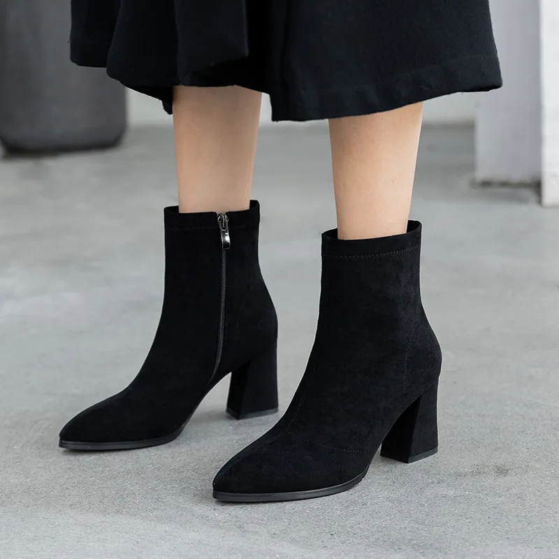 

Short Boots Women's 2019 Spring And Autumn High-Heel Boots Chunky Heel Elasticity xue wa Boots Sweet Large Size Women's Pointed-