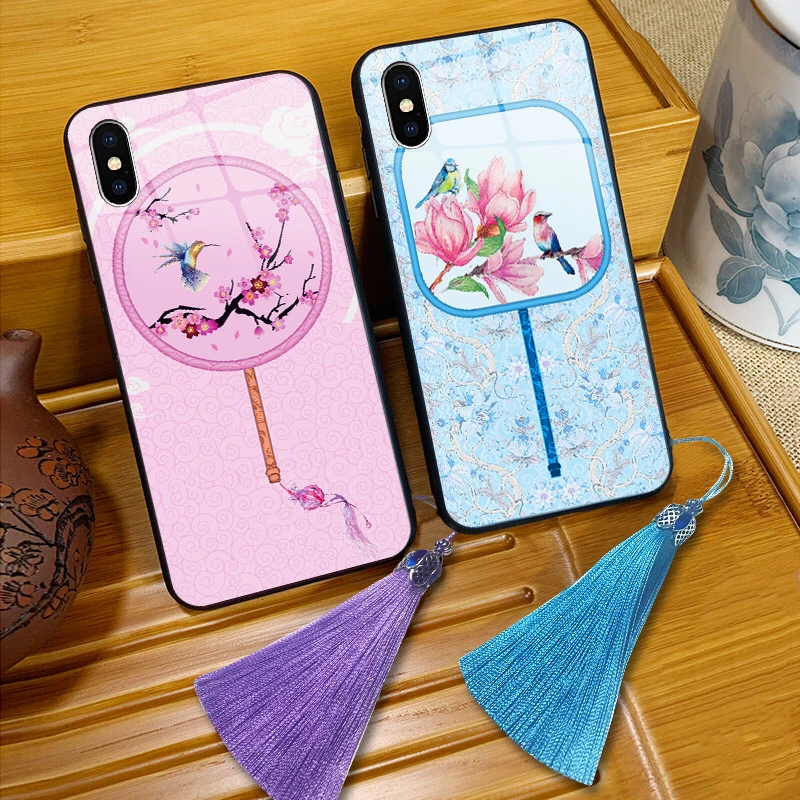 

Case For iPhone 5 6 6s 7 8 Plus X XR Chinese Style Flower Pattern Phone Case With Tassel Pendant Tempered Glass Protective