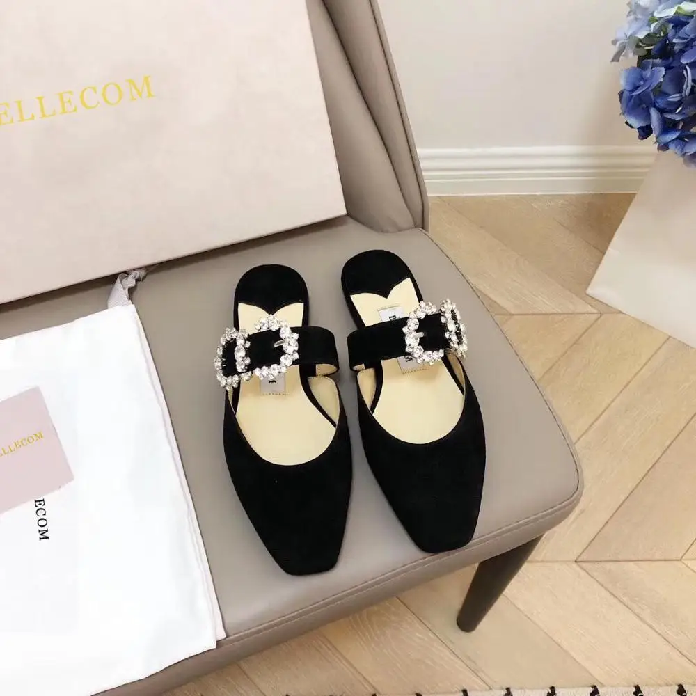

BELLECOM Leather women 2019 trend ballet flat water drill square flat versatile casual slippers for women outside