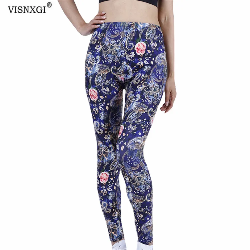 

VISNXGI Women Yoga Leggings Soft Workout Gym Pants Sports Fitness Navy Red Floral Printed Running Elastic High Waist Clothes