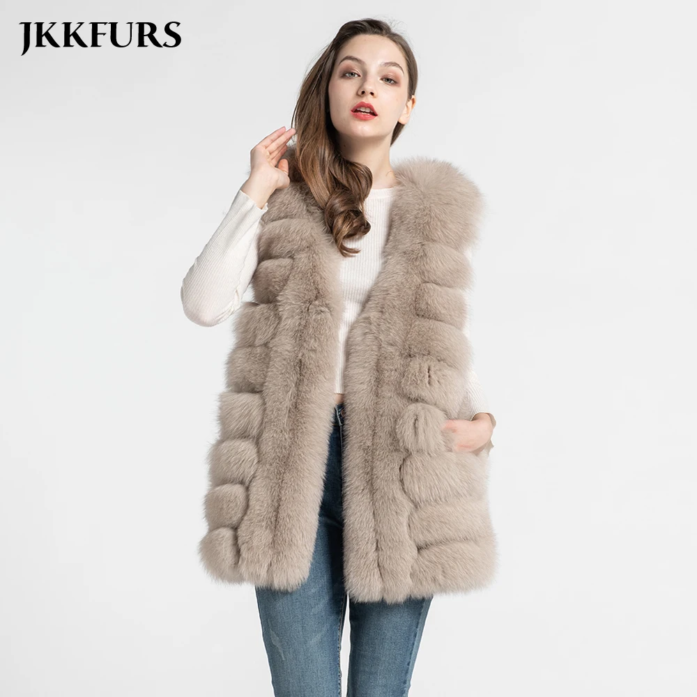 Женский Длинный жилет из натурального Лисьего меха роскошный Теплый жилет подлинный натуральных мех женский жилет S7558