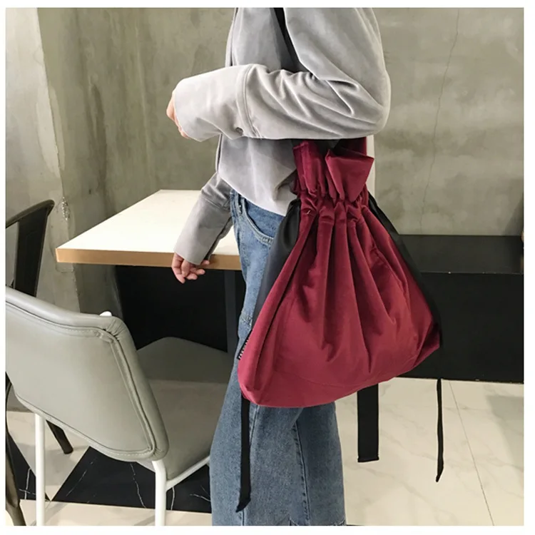 

Sr02 New Style Velvet WOMEN'S Bag Drawstring Ribbon Bucket Shoulder Bag Retro Contrast Color Cloth Bag Amoy Supply of Goods