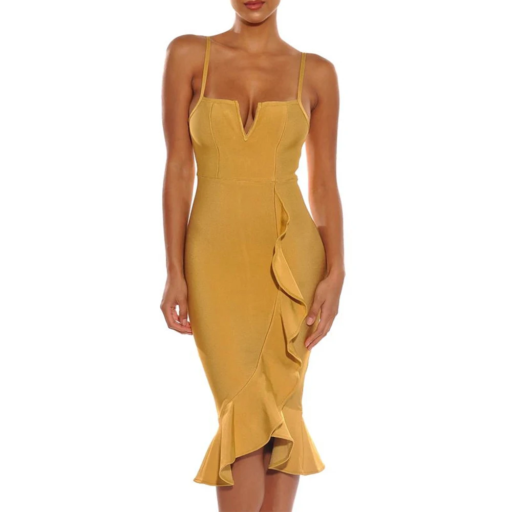 Бандажное платье-Русалка Vestido Midi, сексуальное Новое поступление, имбирное желтое вискозное женское платье без рукавов, облегающее платье для вечеринок