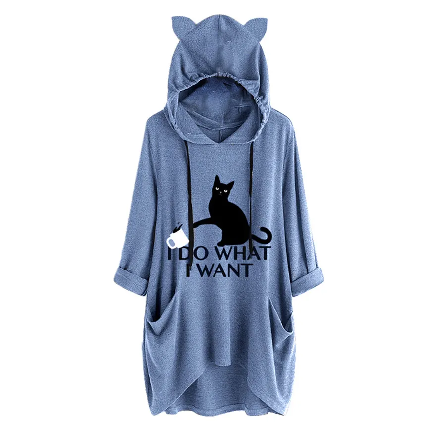 

Cotton Sweatshirt Woman Plus Size Women Casual Print Cat Ear Hoodies Long Sleeves Pocket Irregular Top Blouse Shirt Hoodies Teen