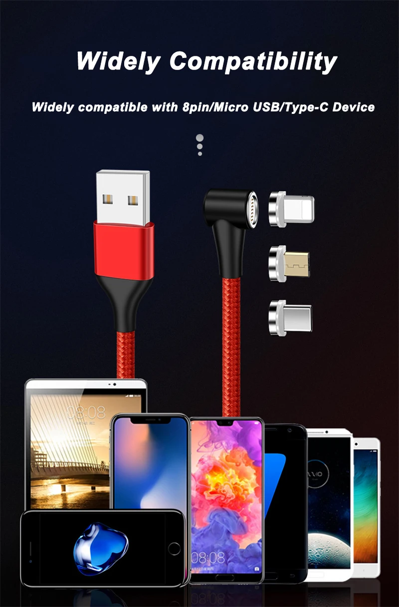 90 градусов 3A светодиодный магнитный Micro usb type-C кабель для быстрой зарядки для iPhone SAMSUNG XIAOMI HUAWEI LG Quick Charge 3,0 провод