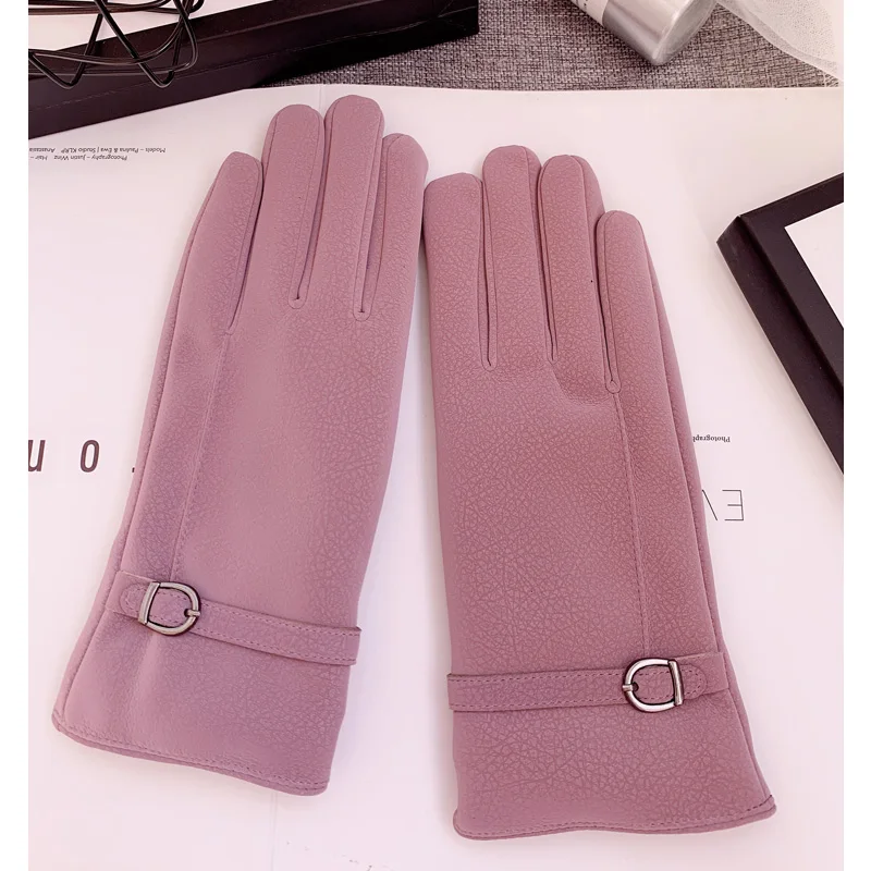 Кожаные перчатки женские зимние Водонепроницаемые дождевые зимние милые бархатные толстые теплые перчатки для езды на велосипеде для студентов перчатки для сенсорного экрана - Цвет: purple