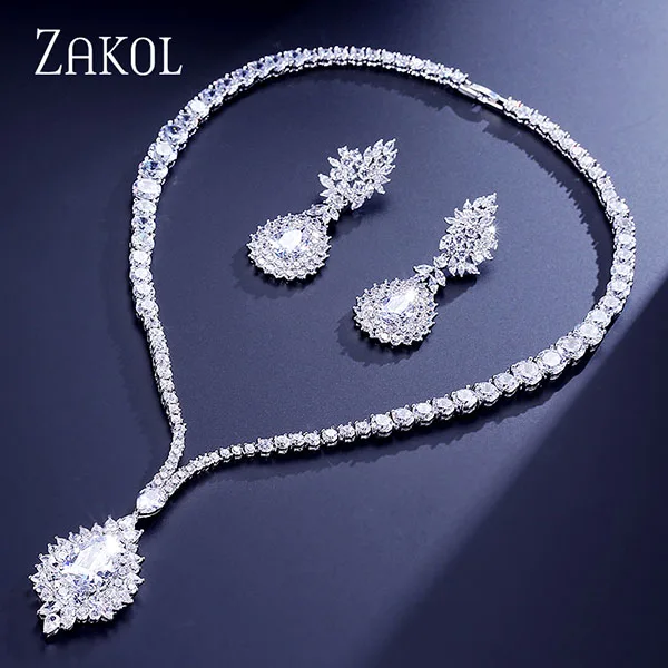 White ZAKOL Винтаж микро инкрустация кубического циркония синий Кластерные украшения набор белого цвета ожерелье серьги набор для женщин подарок FSSP308 - Окраска металла: White