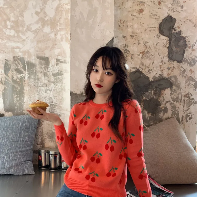 Women Cherry Vintage Pullover Sweater Female Knitted Jumper Autumn Oversize Casual Ladies overalls Women Cherry Vintage Pullover Sweater Female Knitted Jumper Autumn Oversize Casual Ladies overalls