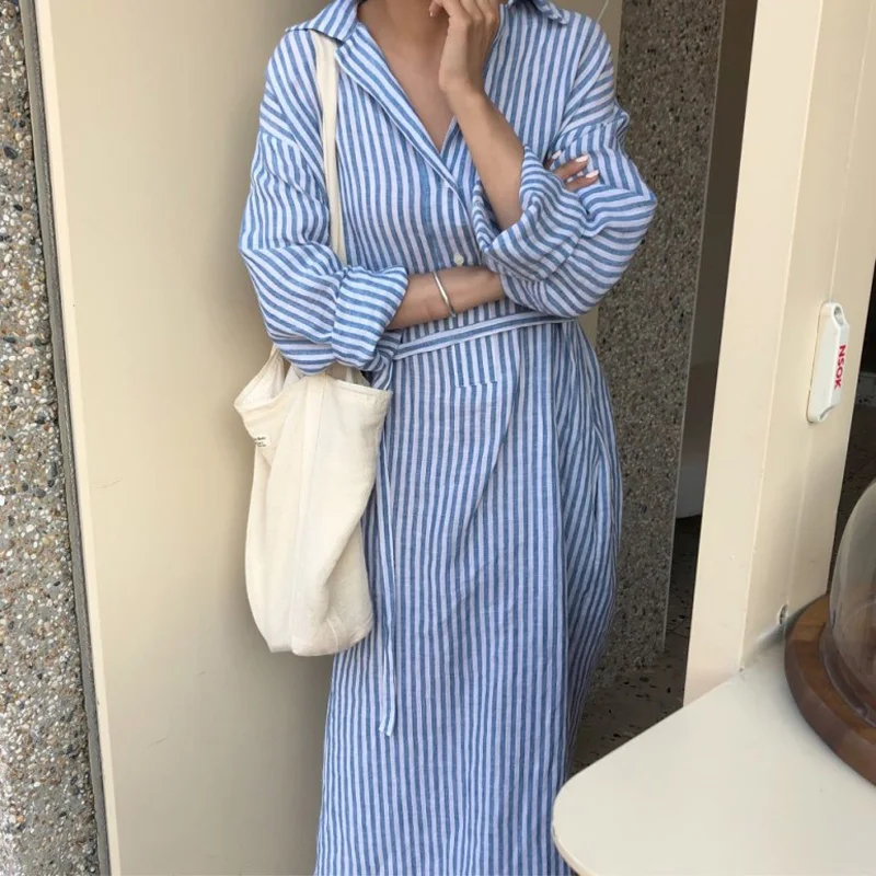 

Women Long Sleeve Stripe Shirt Dress V Collar Autumn Blouses Casual Female Long Dress A-line Style Slim Feminino 005