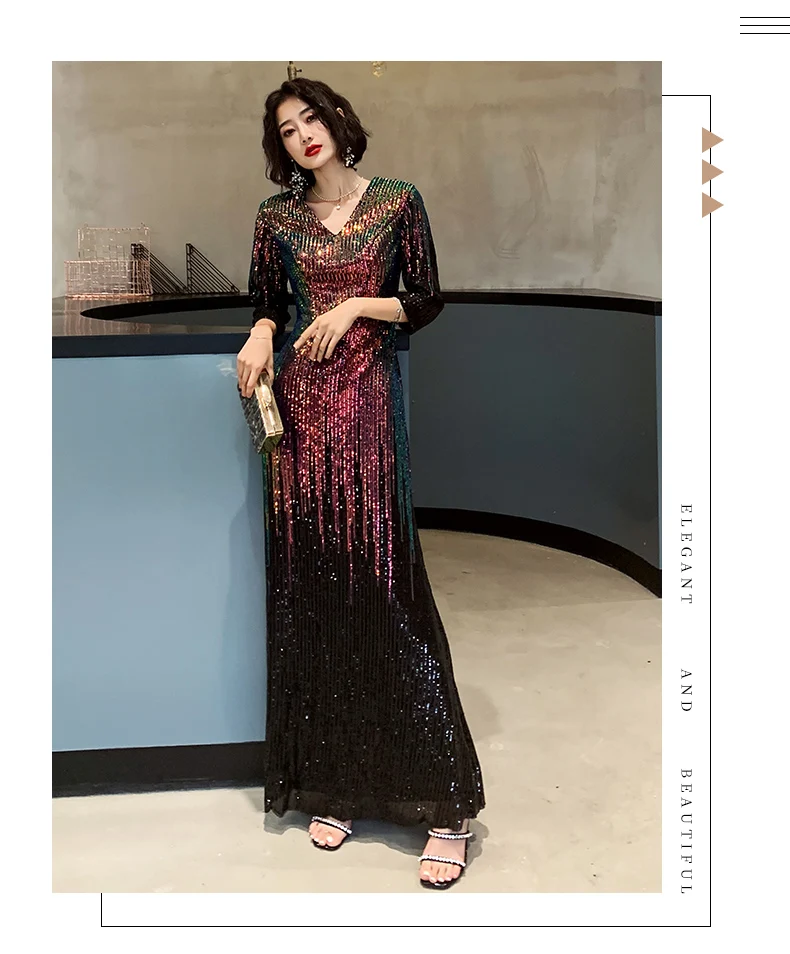 AE637 Robe De Soiree Половина рукава Вечерние платья с v-образным вырезом русалка с блестками вечерние платья женские элегантные платья для вечеринки