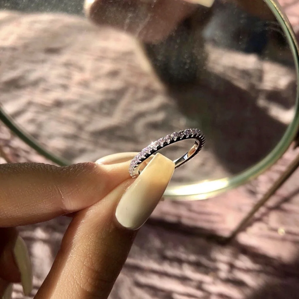 Luxury Women's Silver Color Single Row Round AAA Cubic Zirconia Rings For Women Fashion Wedding Band Girl's Party Jewelry |
