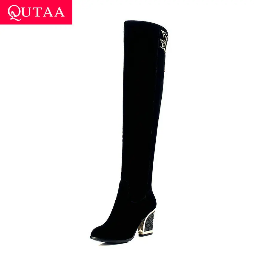 

QUTAA 2020 Square Heel Elegant Fashion Over The Knee High Boots Embroidery Flock Zipper Round Toe Winter Women Shoes Size 34-39