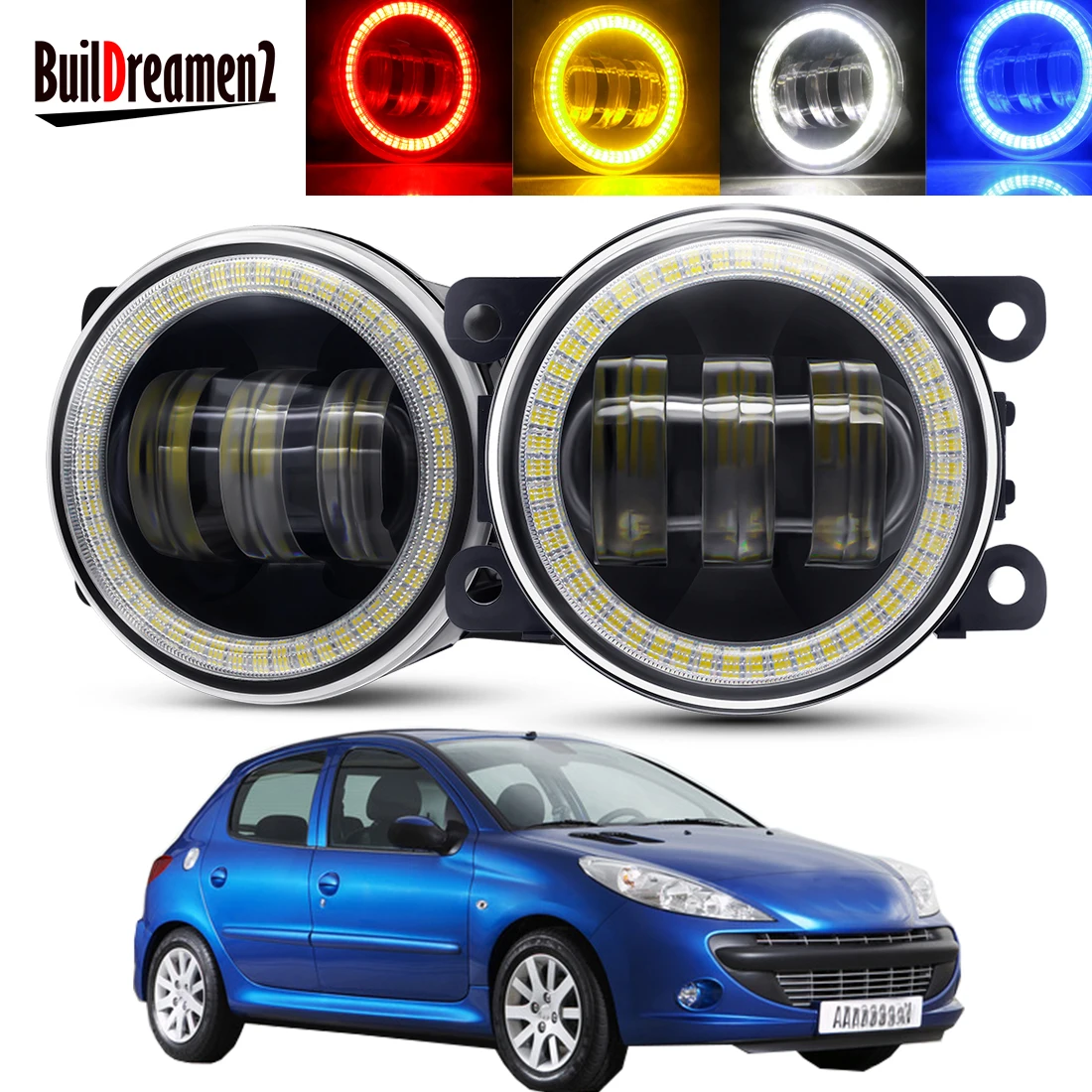 FK Set Par LED DRL Angel Eye Faros Proyectores Peugeot 207 2006+ Negro LHD