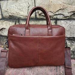Vintage Black Coffee Brown Full Grain Vegetable Tanned Genuine Leather Men Briefcase A4 14'' Laptop Messenger Bag Portfolio 6386