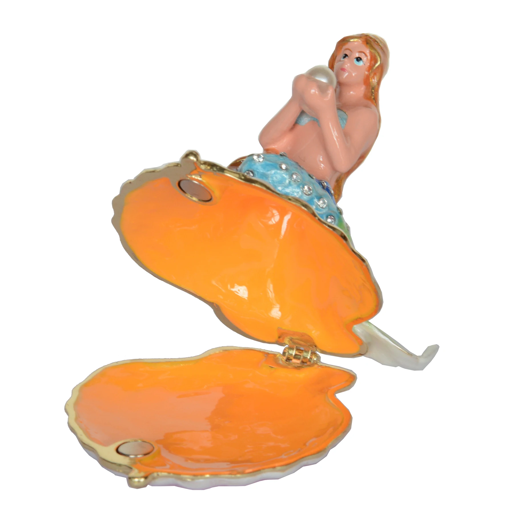 Bejeweled Mermaid on Scallop Shell Trinket Box, Metal Jewelry Box, Ring Holder Figurine, Collectible Gifts