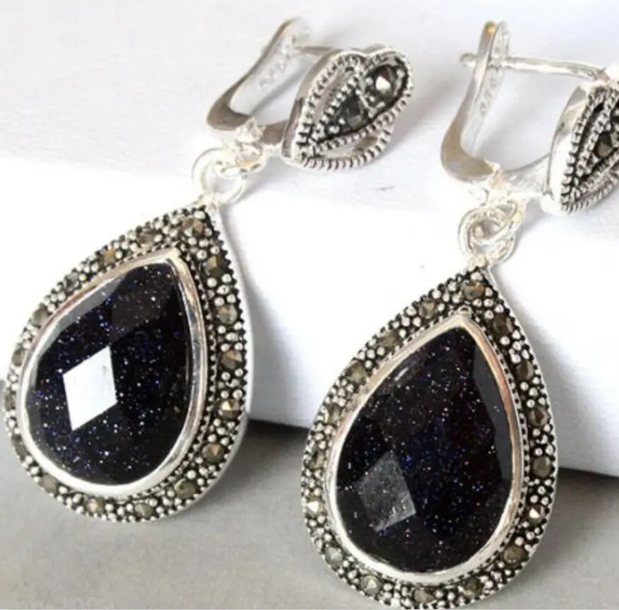 925 Sterling Jewelry Natural Blue Sand Stone Marcasite Drop Earrings | Украшения и аксессуары