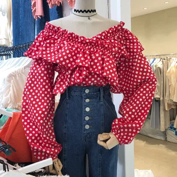 

Korean Style Shirts Women Spring New 2020 Ruffled Dot Long Sleeve Blouses and Tops Female V Neck Women Clothing