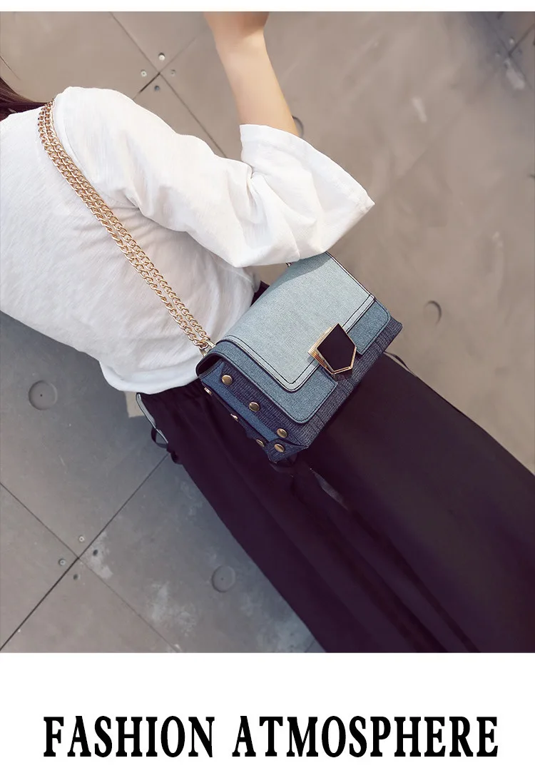 

New 2019 denim magnetic buckle small square bag gradually discoloration one - shoulder oblique satchel chain