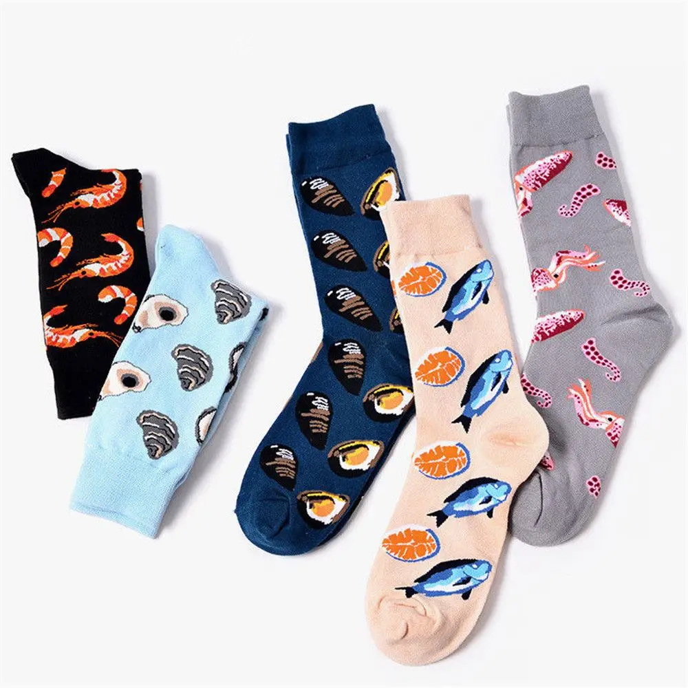 

Fashion Men Novelty Seafood Pattern Funny Hip Hop Soft Cotton Skateboard Socks for All Seasons Middle Socks Men Cartoon Socks
