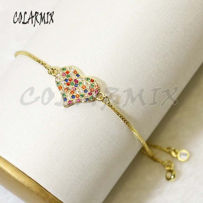 10 шт радужные браслеты в форме сердца, крошечные браслеты с кристаллами, микро проложили циркон, аксессуары соединители, браслеты с драгоценными камнями для женщин 56018