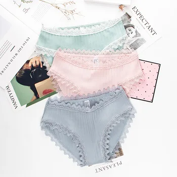 

Wasteheart Women Fashion Green Pink Cotton Lace Bow Low Waist Panties Underwear Lingerie Women Briefs 3 Piece 3 Color Underpants