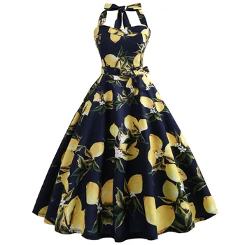 

Halter Dress Summer Women 2018 Lemon Floral Print Belt Robe Femme Elegant Vintage Dresses Retro Rockabilly Prom Party Dress