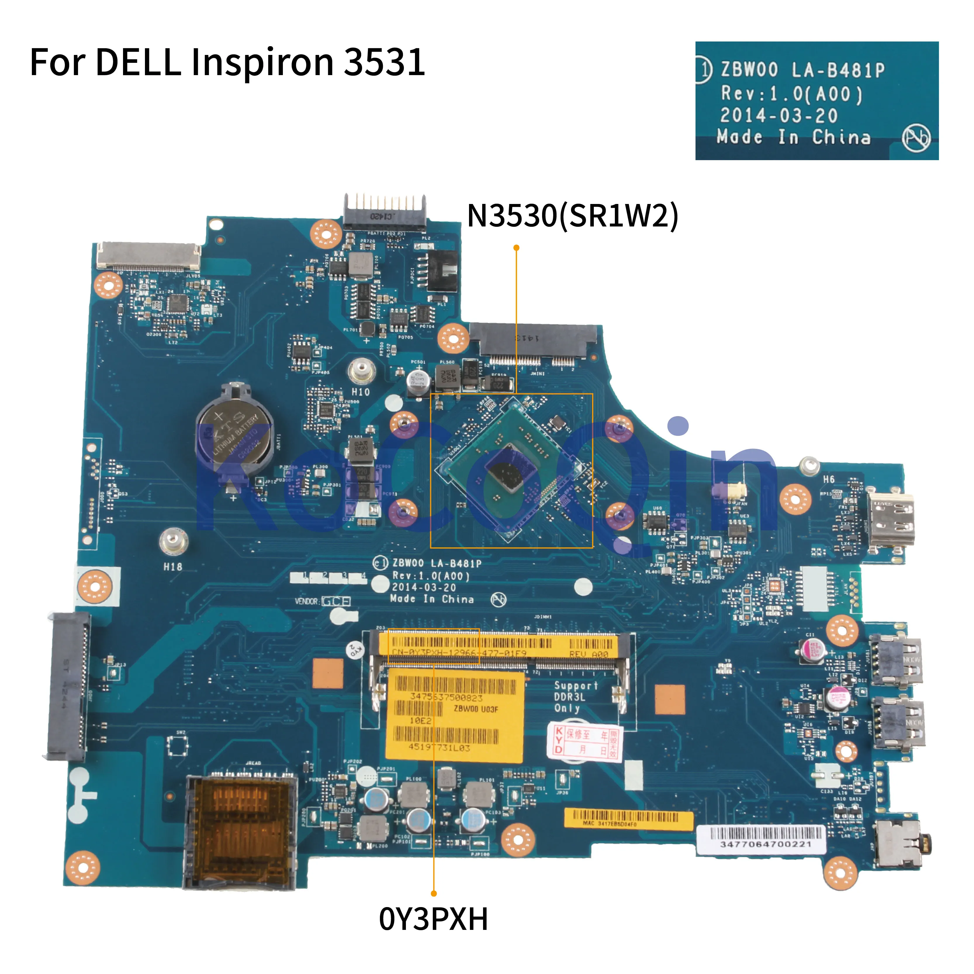 Kocoqin-placa-mãe para Laptop Inspiron 15 3531 Computador Placa Principal Placa-mãe para notebook - Imagem 2