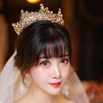 

NiuShuya European Gold Round Brides Tiaras Crowns Pearls Crystal Baroque Pink Rhinestone Hairbands Wedding Hair Accessories