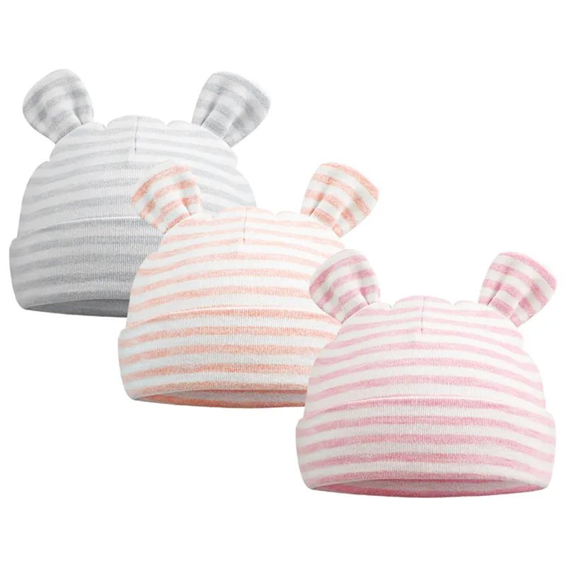 Stripe Bear Set 3 Хлопковая шапочка с бантиком для новорожденных, милая шапка для маленьких девочек, Весенняя мягкая детская шапочка для больницы, одноцветная шапка в полоску для маленьких мальчиков 0-6 месяцев - Цвет: Stripe Bear Set 3