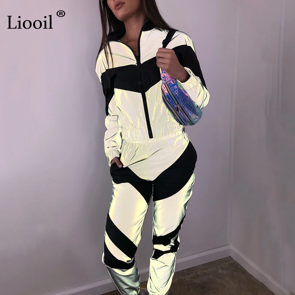 

Liooil Color Block Two Piece Reflective Set Women Tracksuit With Pocket 2019 Long Sleeve Zip Up Top And Sweatpants Matching Sets