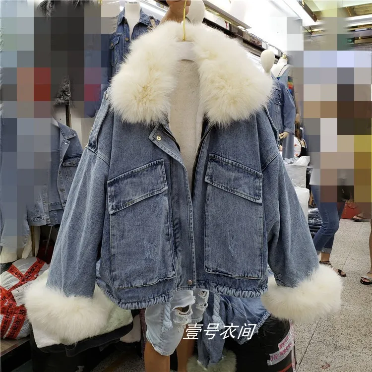 Натуральный Лисий меховой воротник джинсовые женские зимние куртки Свободное пальто женские короткие меховые пальто джинсы съемный имитация кролика лайнер - Цвет: Белый