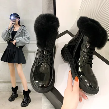 

True hair Superior quality Women Boots Lace Up Martin Boots Women Ankle Fur Boots Winter warm Women Shoes European size