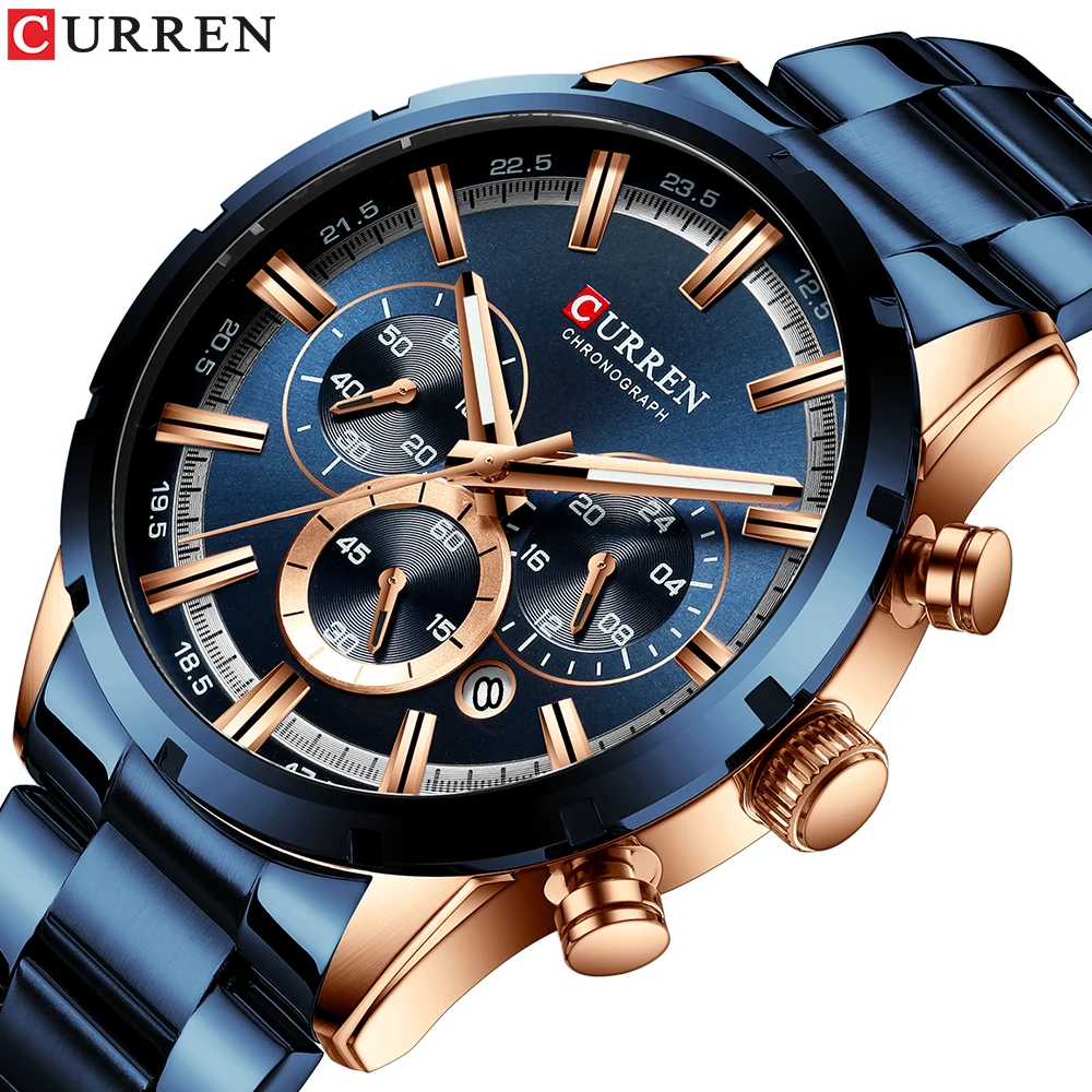 

Top Luxury Brand CURREN Men Watch Fashion Blue Multi-function Chronograph Male Wristwatch Casual Sport Waterproof Men Watch